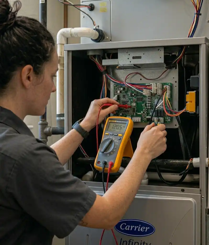 HVAC technician performing AC maintenance in Northeast Florida home