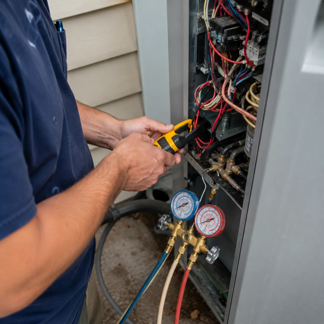 Close Up Ac Repair Or Hvac Technician Working On Equipment