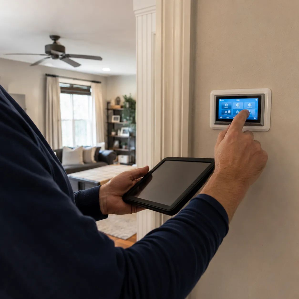 Home Interior With Hvac Equipment And Technician Reviewing System Controls