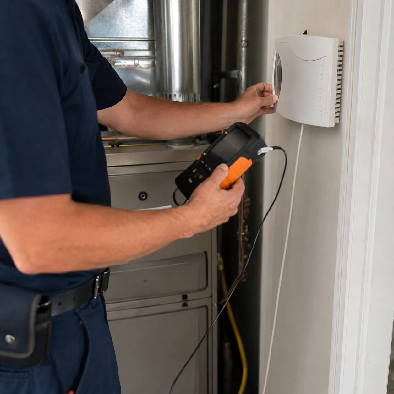 Hvac Technician Checking Indoor Air Quality And Humidity Control Equipment