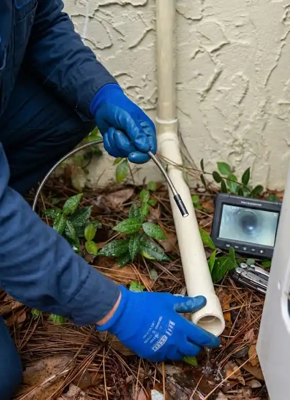 HVAC technician performing AC drain line service in Florida