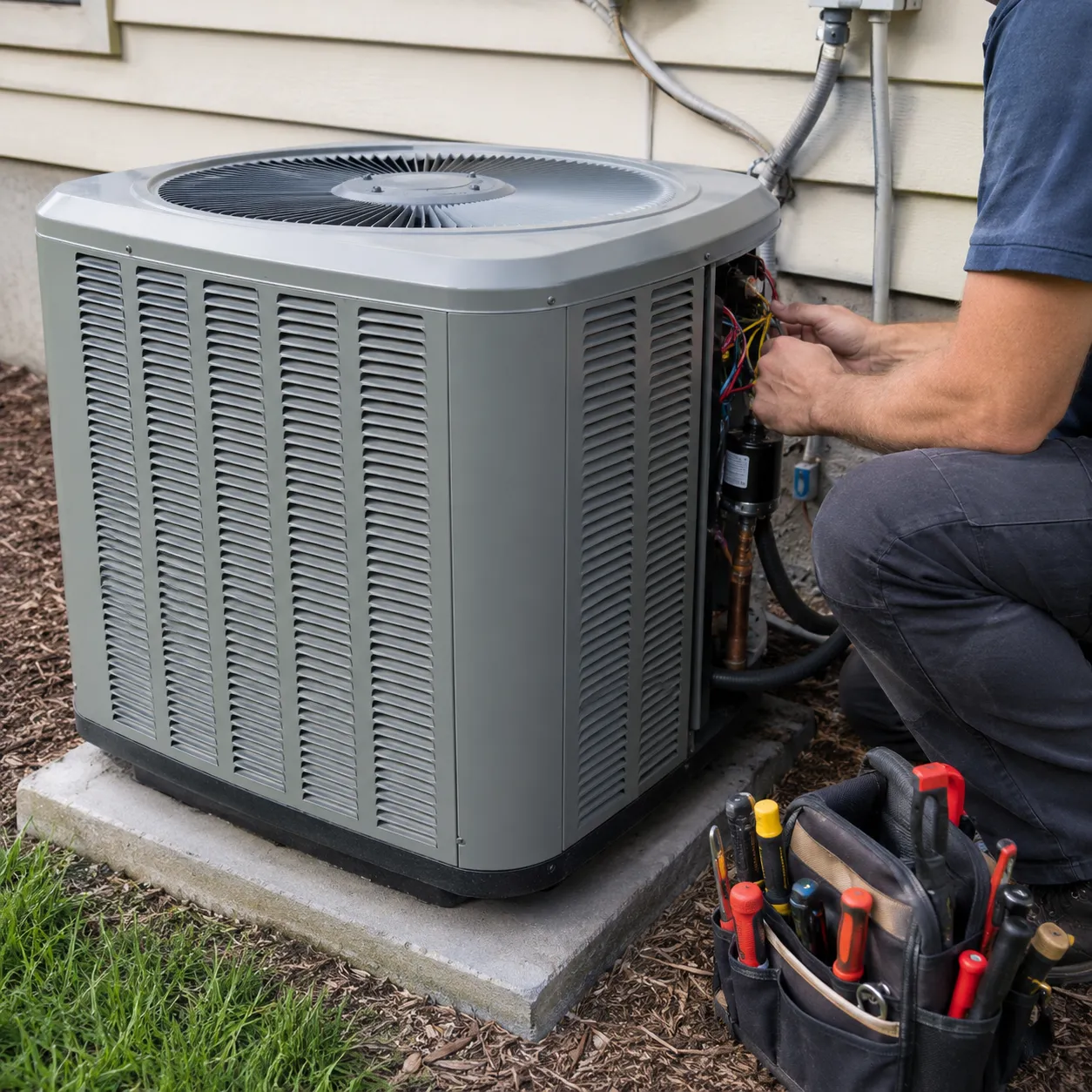 Technician Performing Maintenance On An Outdoor Ac Unit